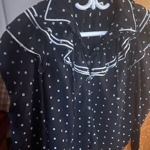 Ulla Johnson Navy & White Frilly Blouse with unique buttons up the front